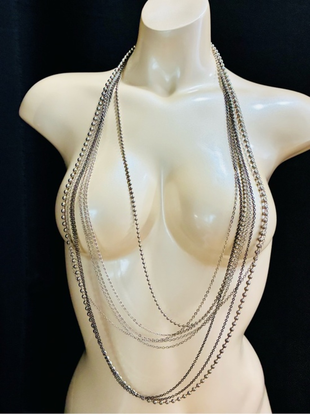 Heavy Contemporary Multi-Strand Layered Metal Necklace in Silver